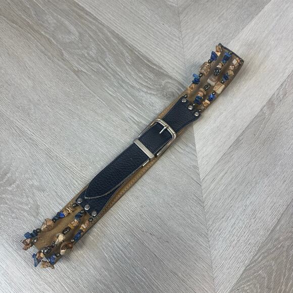 Beaded Belt Black Blue Tan Boho Gypsy Unique - Picture 1 of 11